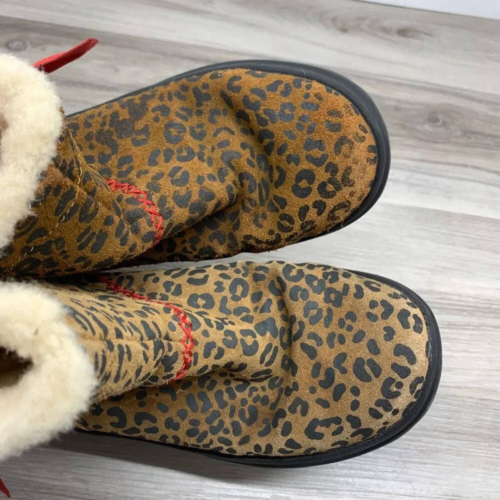 UGG‎ I Love Ugg Leopard Print Boots Size 6 Womens Pull On Red Ribbon